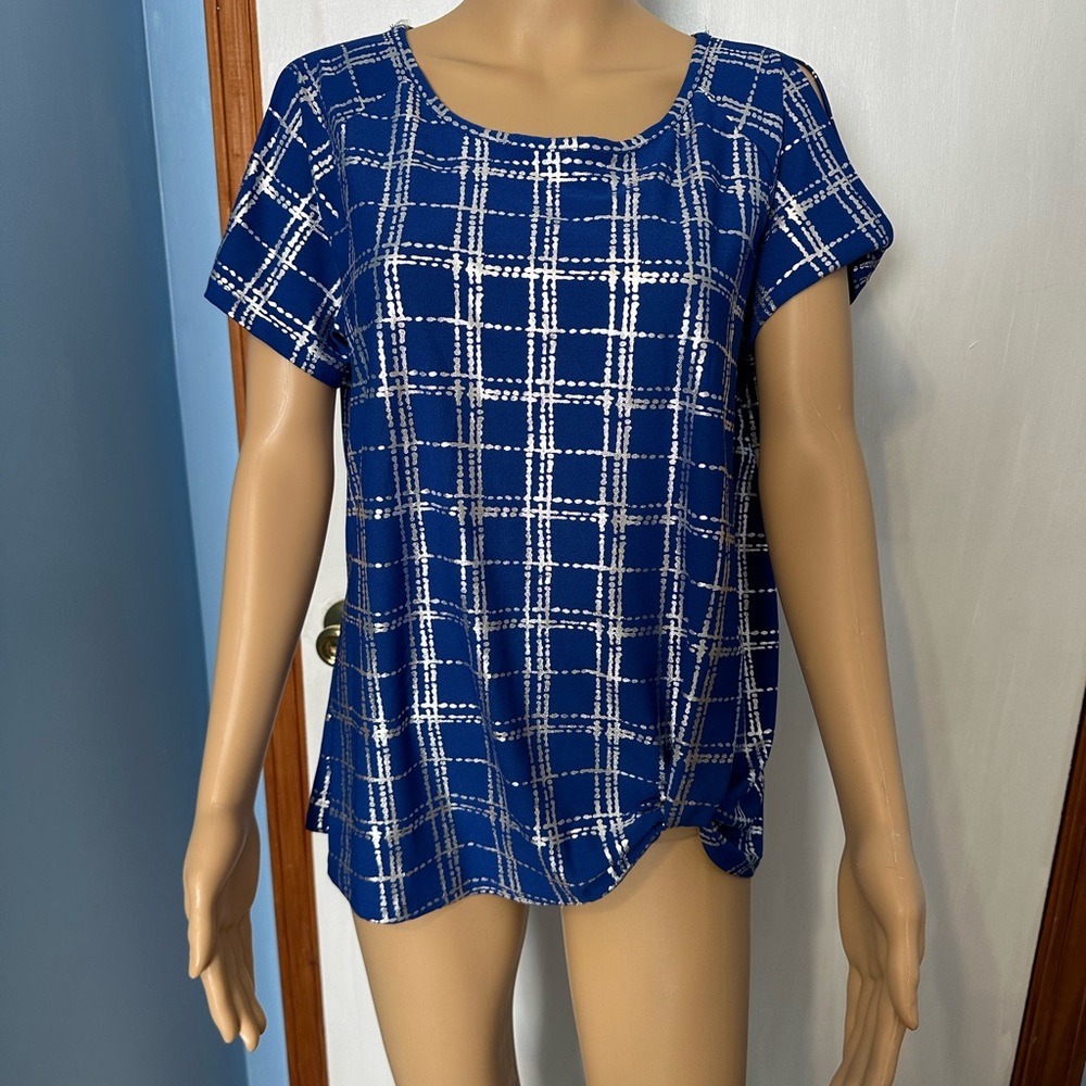 Women’s Blue & Silver Print Blouse, Size Large, NWT